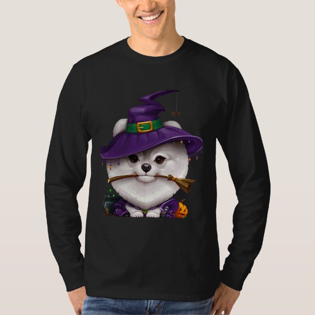 White Spitz Hexe Halloween T-Shirt (Vorderseite)