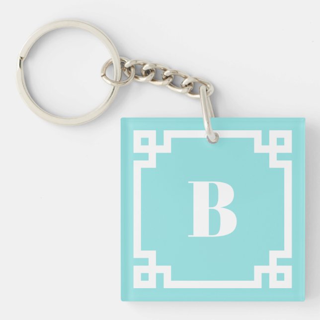 White Square Greek Key Border Aqua Blue Monogram Schlüsselanhänger (Vorderseite)