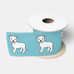 White Staffordshire Bull Terrier Dog On Blue Satinband