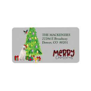 White Staffordshire Terrier und Weihnachtsbaum Adressaufkleber