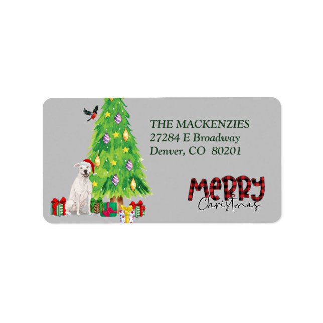 White Staffordshire Terrier und Weihnachtsbaum Adressaufkleber (Vorne)