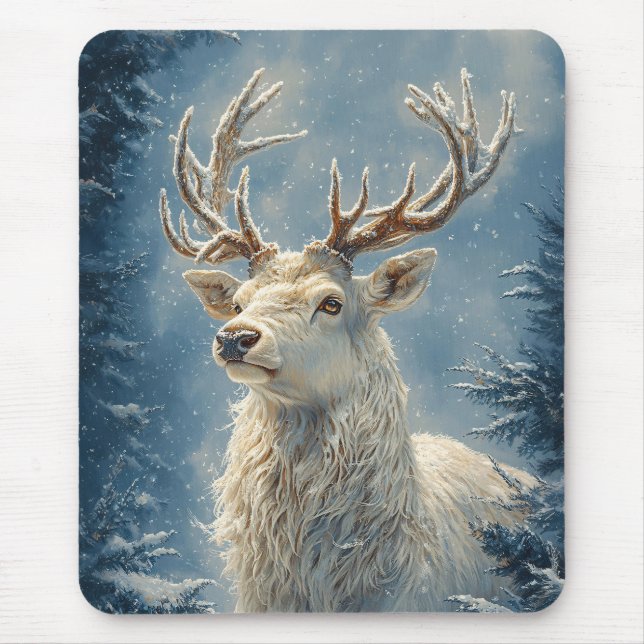 White Stag Portrait Mystical Winter Art Mousepad (Vorne)