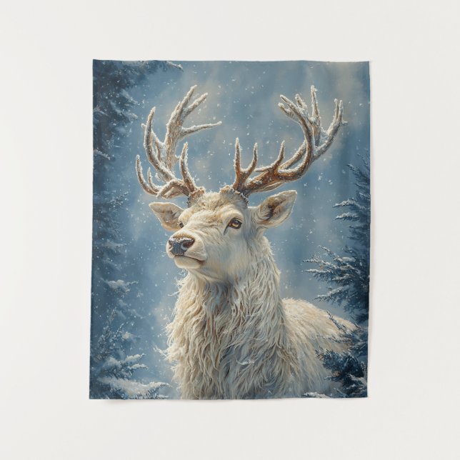 White Stag Portrait Mystical Winter Art Wandteppich (Vorderseite)