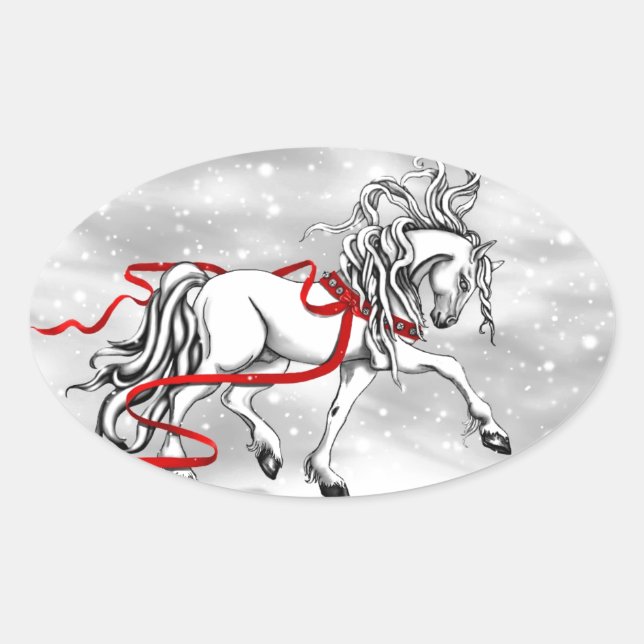 White Stallion Weihnachtsdesign Ovaler Aufkleber (Vorderseite)