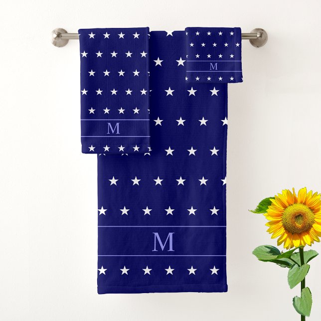 White Star Muster & Monogram auf Navy Blue Badhandtuch Set (Von Creator hochgeladen)