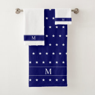White Star Muster & Monogram auf Navy Blue & White Badhandtuch Set