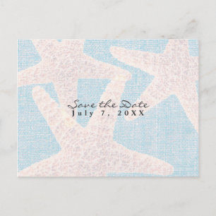 White Starfish & Blue Burlap Beach Save the Date Ankündigungspostkarte