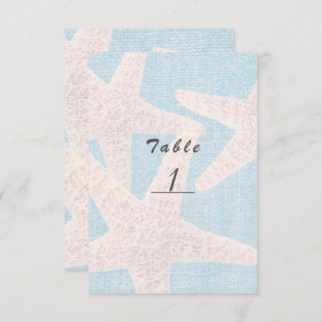 White Starfish & Blue Burlap Beach Tischnummer (Vorne/Hinten)