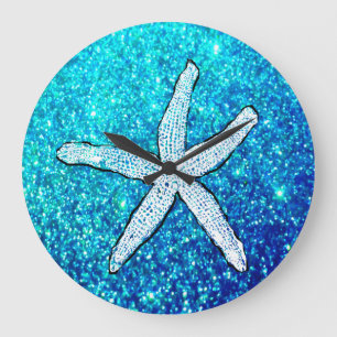 White Starfish Glitterie Funkelnd Aquamarin Blue N Große Wanduhr
