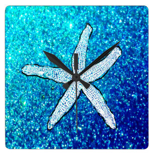 White Starfish Glitterie Funkelnd Aquamarin Blue N Quadratische Wanduhr