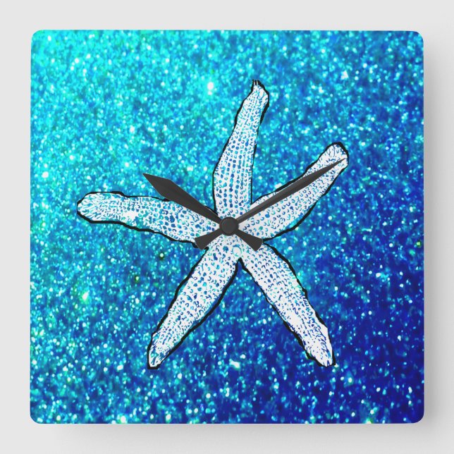 White Starfish Glitterie Funkelnd Aquamarin Blue N Quadratische Wanduhr (Vorderseite)