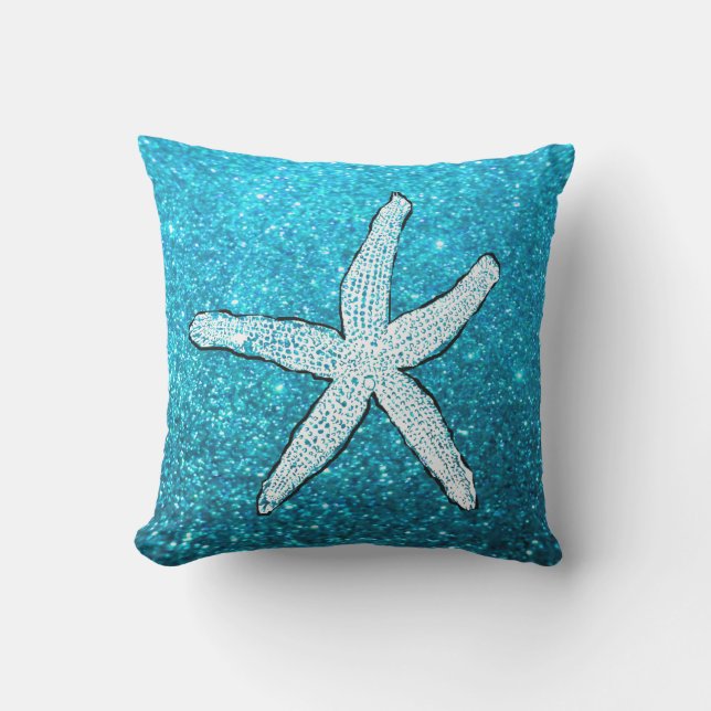 White Starfish Glitterie Funkelnd Beach Aquamarin  Kissen (Vorderseite)