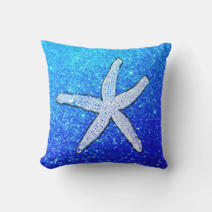 White Starfish Glitterie Funkelnd Beach Deep Blue Kissen