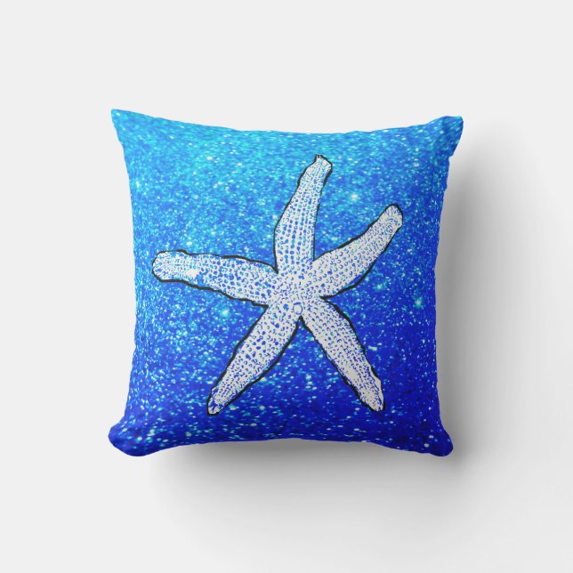 White Starfish Glitterie Funkelnd Beach Deep Blue Kissen (Vorderseite)