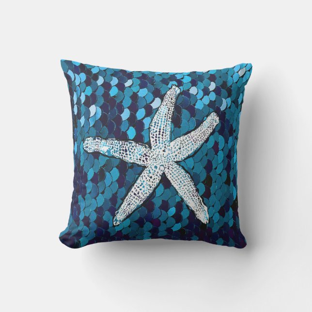 White Starfish Glitterie Funkelnd Mermaid Aquamari Kissen (Vorderseite)