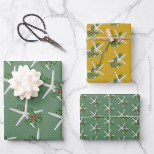 White Starfish Holly Pattern Weihnachten Geschenkpapier Set