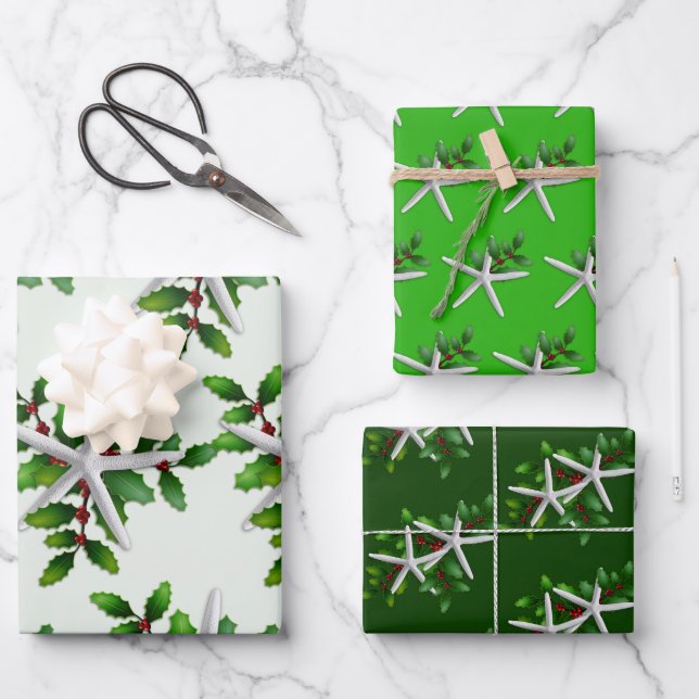 White Starfish n Holly Green Shades Geschenkpapier Set (Vorderseite)
