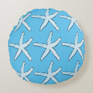 White Starfish Pattern Beach Sky Blue Weihnachten Rundes Kissen