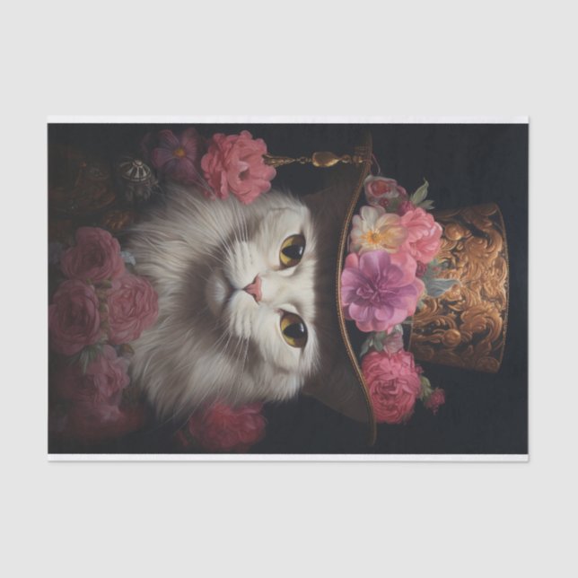 White Steampunk Cat, Roses, Decoupage Seidenpapier (Vorderseite)