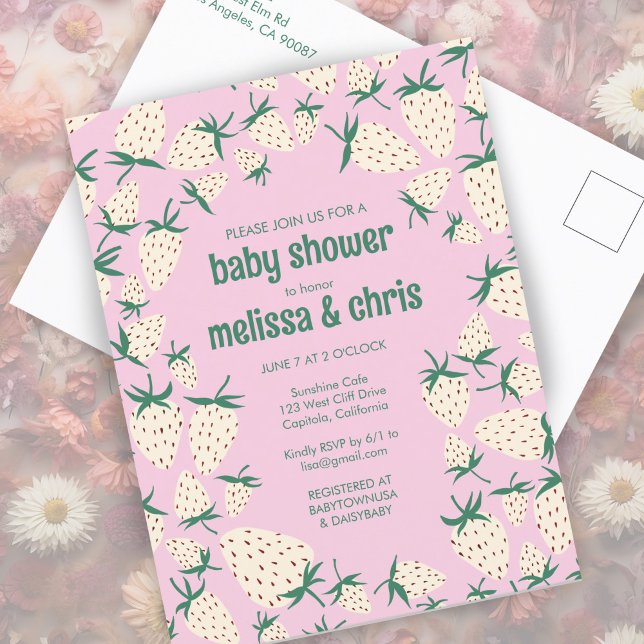 White Strawberry Niedlich Pineberry CUSTOM BABY SH Einladungspostkarte (White Strawberry Cute Pineberry CUSTOM BABY SHOWER Invitation Postcard
Pink Girly)