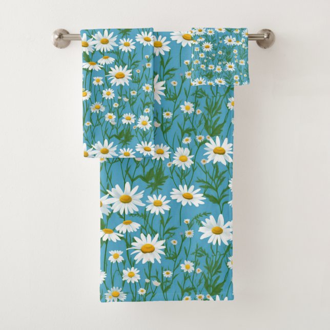 White Summer Daisies on Aqua Badhandtuch Set (Insitu)