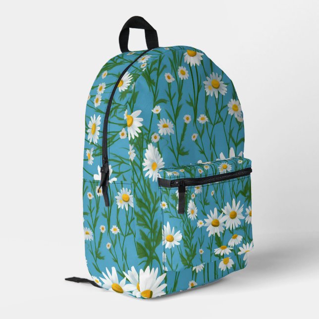 White Summer Daisies on Aqua Bedruckter Rucksack (Rückseitige Ecke links)