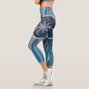 White Sun Moon Mandala Blue Gradient Design Capri Leggings