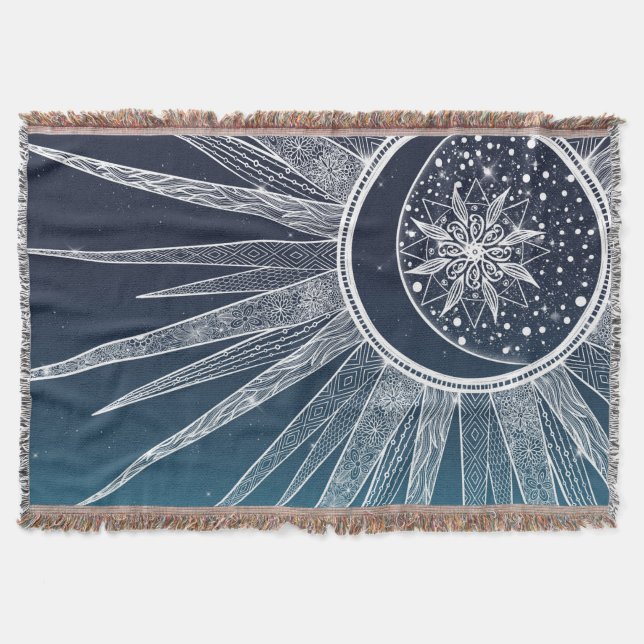 White Sun Moon Mandala Blue Gradient Design Decke (Vorderseite)