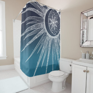 White Sun Moon Mandala Blue Gradient Design Duschvorhang
