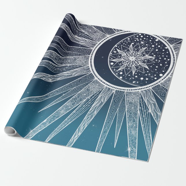 White Sun Moon Mandala Blue Gradient Design Geschenkpapier (Ungerollt)