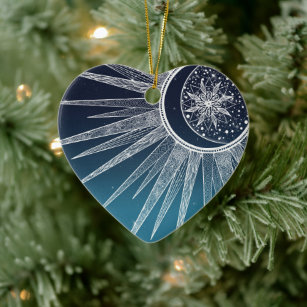 White Sun Moon Mandala Blue Gradient Design Keramik Ornament