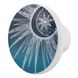 White Sun Moon Mandala Blue Gradient Design Keramikknauf