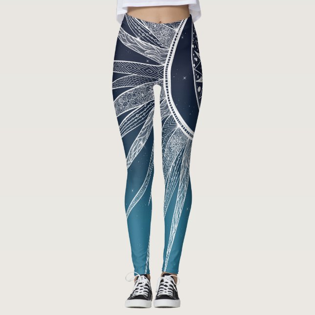 White Sun Moon Mandala Blue Gradient Design Leggings (Vorderseite)