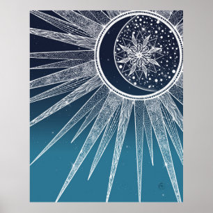 White Sun Moon Mandala Blue Gradient Design Poster
