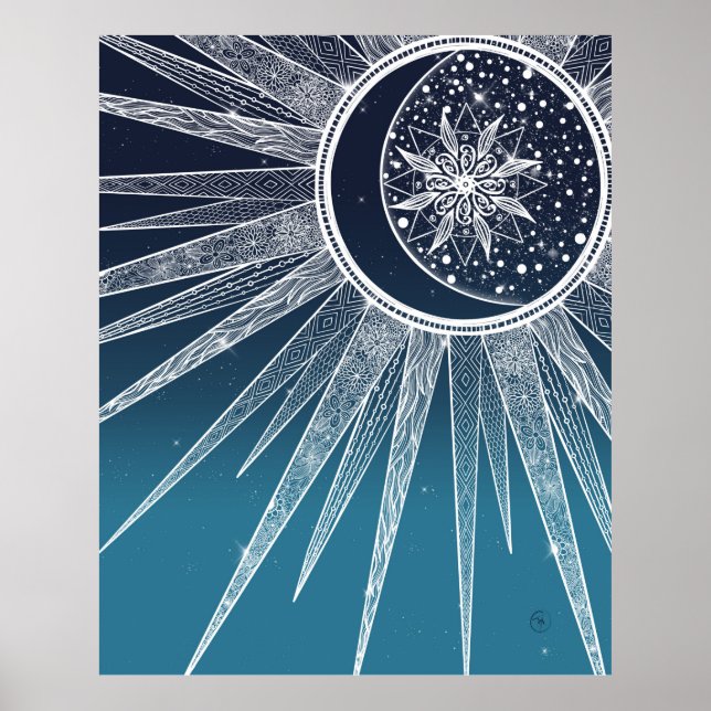 White Sun Moon Mandala Blue Gradient Design Poster (Vorne)