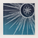 White Sun Moon Mandala Blue Gradient Design Puzzle<br><div class="desc">Eine magische, weißliche Sonne und Mond Mandala Abend blauer und aquamariner Farbverlauf, mit Blume und Blätter Doodles, Sternen, Punkte, Diamanten, Kreise, Dreiecksformen, Zickzack, Meerjungfrau-Maßstab, geometrisches Muster, mit einer lebhaften, leuchtenden Weiß-Farbe, mit einer kreszenten Bühne glühender Mond, einem mandala Blume Stern, auf einem navyblau aquamariner und hellblauer Farbverlauf. Dieses schöne, mystische...</div>