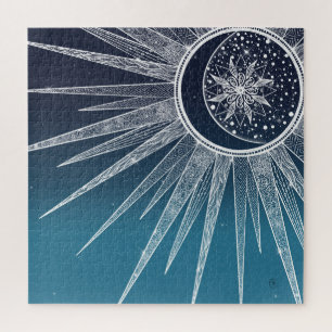 White Sun Moon Mandala Blue Gradient Design Puzzle