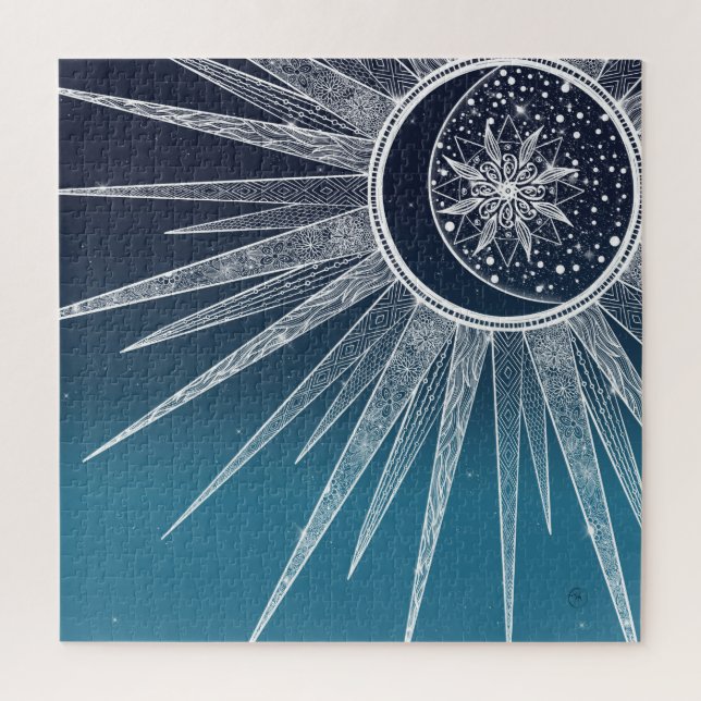 White Sun Moon Mandala Blue Gradient Design Puzzle (Vertikal)