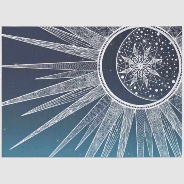 White Sun Moon Mandala Blue Gradient Design Seidenpapier (Vorderseite)