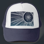 White Sun Moon Mandala Blue Gradient Design Truckerkappe<br><div class="desc">Eine magische, weißliche Sonne und Mond Mandala Abend blauer und aquamariner Farbverlauf, mit Blume und Blätter Doodles, Sternen, Punkte, Diamanten, Kreise, Dreiecksformen, Zickzack, Meerjungfrau-Maßstab, geometrisches Muster, mit einer lebhaften, leuchtenden Weiß-Farbe, mit einer kreszenten Bühne glühender Mond, einem mandala Blume Stern, auf einem navyblau aquamariner und hellblauer Farbverlauf. Dieses schöne, mystische...</div>