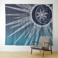 White Sun Moon Mandala Blue Gradient Design