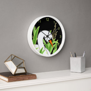 White Swan Black Round Clock Uhr
