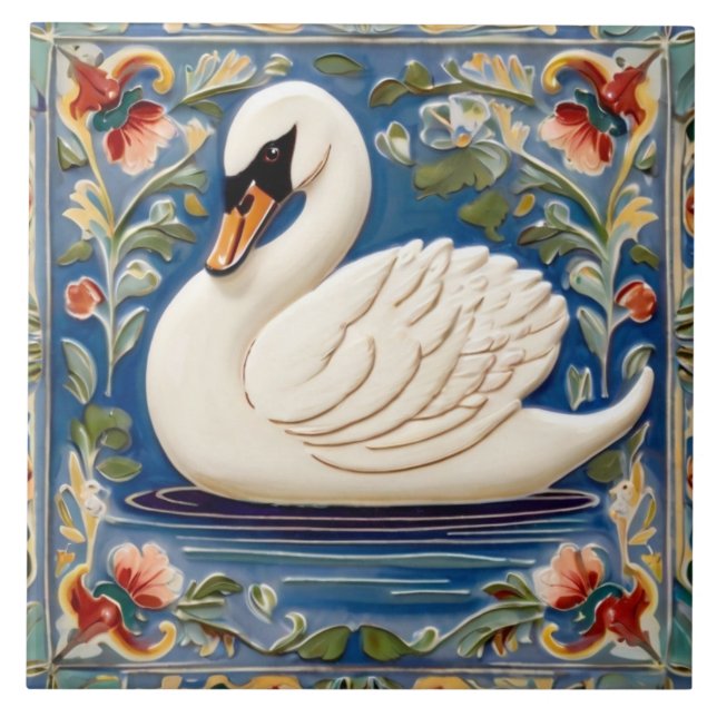 White Swan European Folk Animal Bird Art Fliese (Vorderseite)