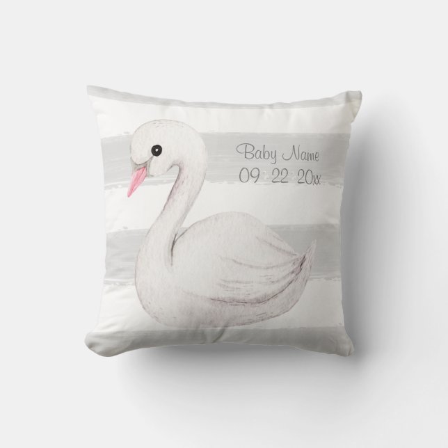 White Swan Gray Script Personalisiert Birth Kissen (Vorderseite)