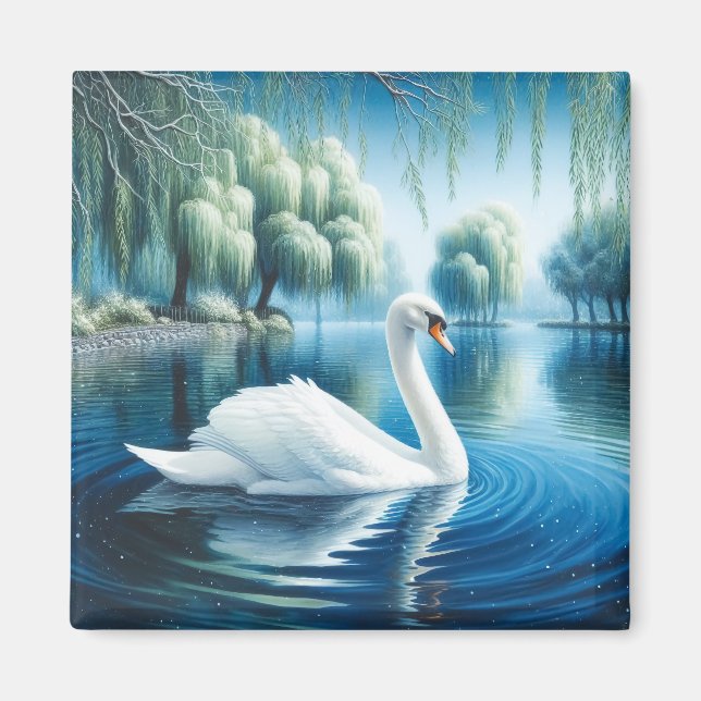 White Swan Weeping Willows Wasserfarbe Kunst Magnet (Vorne)