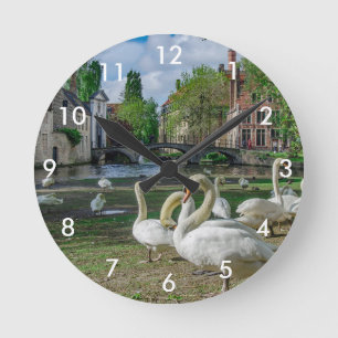 White swans in Bruges downtown Runde Wanduhr