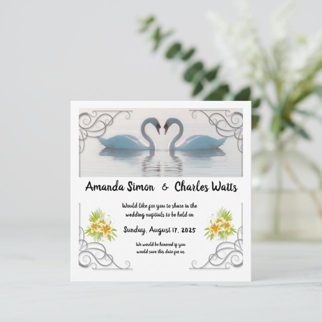 White Swans Save the Date Einladung (Stehend Vorderseite)