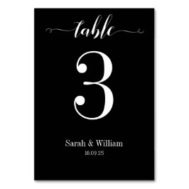 White Swash Kalligraphie auf Black Wedding Tischnummer