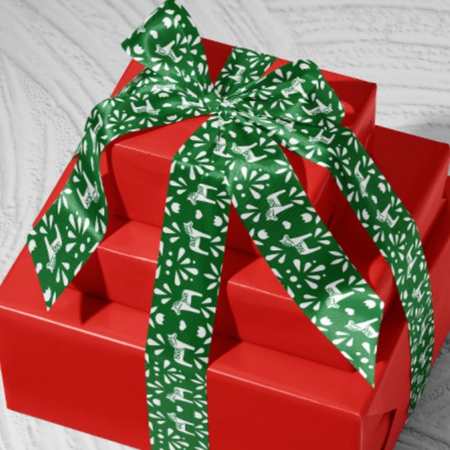 White Swedish Dala Horse Pine Green Holiday Gesche Satinband (Scandinavian Swedish green and white Dala horse patterned ribbon)
