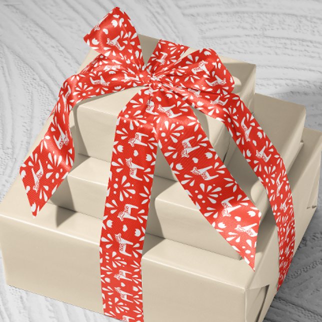 White Swedish Dala Horse Red Holiday Geschenk Ribb Satinband (Scandinavian Swedish red and white Dala horse patterned ribbon)